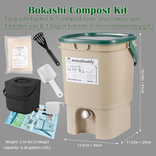 20L Bokashi Bucket with Air Sealing Lid, 5.28 Gallon Compost Bin, Kitchen Composter with Bran, Kitchen Compost Pail, ecocultivatify Bokashi Kit Set with Starter (Tan & Dark Green)
