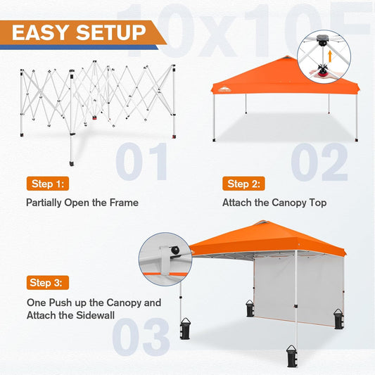 EAGLE PEAK Pop Up Canopy Tent with 1 Sidewall, Easy Setup Event Tent, Outdoor Sun Shade, Wheeled Carry Bag, Stakes and Guy Ropes, Instant Canopy 10x10, Orange