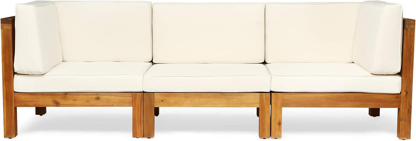 GDFStudio Outdoor Sectional Sofa Set | 3-Seater | Acacia Wood | Water-Resistant Cushions | Teak and Beige