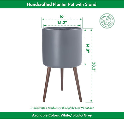 D'vine Dev 16 Inch Planter Pot with Stand, Mid-Century Tall Plant Pot with Legs for Indoor Plants, XX-Large, Grey, 88-O-E-3