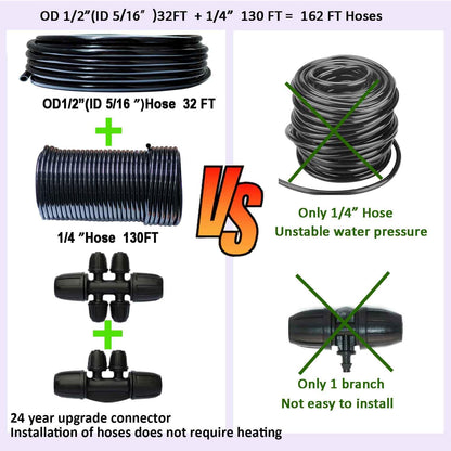 Drip Irrigation System with Water Timer 162ft Drip Irrigation Kit 5/16“ID and 1/4 Inch Pipe Auto Watering System for Garden Adjustable Spray, for Greenhouse, Garden, Lawn, Potted Plants Black