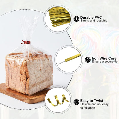 HARFINGTON 800pcs Bag Twist Ties 4" Reusable Plastic Metallic Twist Ties Wire Cable Ties for Party Bread Candy Cake, Gold Tone
