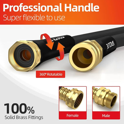 Garden Water Hose 25 ft x 5/8 in Heavy Duty, Flexible and Lightweight, Burst 600 psi, Kink-less Hybrid Rubber Pipe for Backyard, 3/4'' Brass Fittings, Black