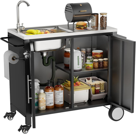 Outdoor Grill Table with Sink, Grill Cart with 304 Stainless Steel Sink and Cabinet, Outdoor Grill Cart,Outdoor Cart Sink Station with Wheels, 38in x 18in x 35in