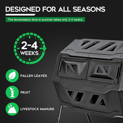 F2C Compost Bin Outdoor 43 Gallon Garden Dual Chamber Composter Bin - Bundled with Pearson's Gardening Gloves, BPA Free, Heavy-Duty Steel Frame, Rotating Tumbler with Sliding Doors -Black