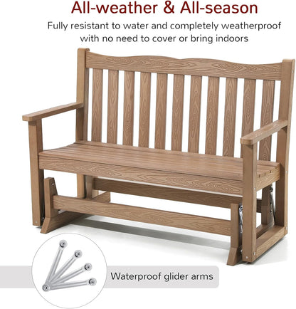 Stoog Outdoor Glider Benches Set of 2, Waterproof Glider Bench for Outside, Never Fade or Rot, Teak
