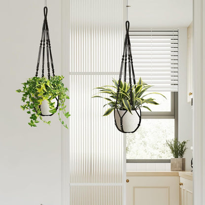 Macrame Plant Hanger Indoor Set of 2 with 4 Hooks, Indoor Outdoor Hanging Planter for Plants Holder with Decorative Wood Beads & No Tassels, Boho Home Decor, 35 Inch Black (Pots Not Included)