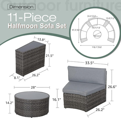 SUNSITT Outdoor Patio Furniture 11-Piece Half-Moon Sectional Round Set Curved Sofa with Tempered Glass Coffee Table, 4 Pillows, Grey Rattan