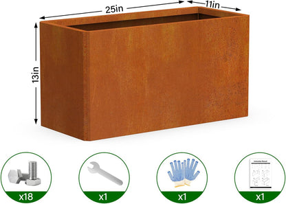 Metal Planter Box - 25x11x13H Inch, Co rten Steel Planter for Patio, Garden, Porch - Brown