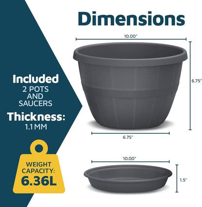 10-Inch Whiskey Barrel Planters Outdoor Pack of 2 - Durable Plastic Plant Pots for Indoor & Outdoor Use with Drainage & Saucer, Lightweight Rustic Barrel Planters for Flowers, Herbs & Small Plants