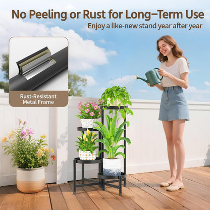 LASZOLA 4 Tiered Folding Plant Stand Indoor for Multiple Large Planter, Tall Heavy Duty Adjustable Rack with Rust Proof 10 Inch Wide Tray, Sturdy Vertical Tree Organizer for Narrow Inside Floor, Black