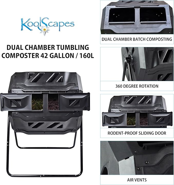 Koolscapes Dual Chamber Tumbling Composter 42 Gal (160L) Black Rotating Outdoor Compost Bin, Double Chamber Rotary Composter, Recycled Plastic with Steel Frame for Backyard and Vegetable Garden