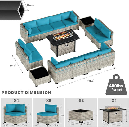 15-Piece Patio Furniture Set, Outdoor Patio Furniture with 55,000 BTU Fire Pit Table, Thick Cushions, Modular Patio Sofa, Dual-Strand Wicker Rattan, Rust-Resistant Frame, Lake Blue