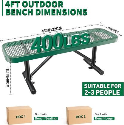 Heavy-Duty Park Bench or Table for Outside - Black Coated Outdoor Furniture Steel Bench, Commercial-Grade Outdoor Benches Weatherproof for Park, Patio, Porch (Green, 4FT (Without Backrest))