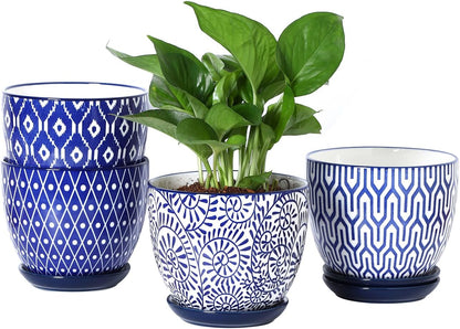 Selamica Ceramic Plant Pots, 5.6 Inch Flower Pots for Indoor Plants with Drainage Hole and Saucer,Home Decor, Set of 4, Vintage Blue