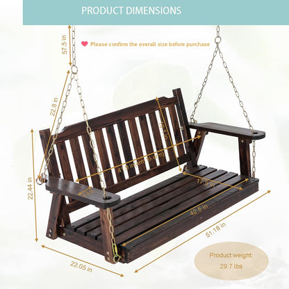 Anraja Wooden Porch Swing 2-Seater, Bench Swing with Hanging Chains, Heavy Duty 800 LBS, for Outdoor Patio Garden Yard, 4 Ft, Brown