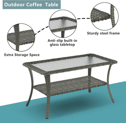 Patio Tables Outdoor Coffee Table - Wicker Rattan Coffee Tables with 2-Tier Storage Shelf Glass Top for Outside Proch Deck Balcony Garden Rectangle Mixed Grey