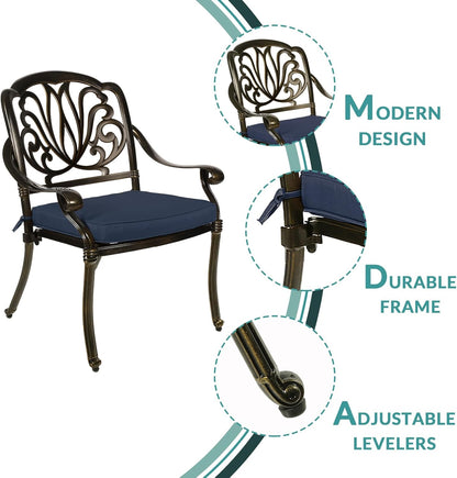 MEETWARM 3 Piece Patio Bistro Set, Outdoor All-Weather Cast Aluminum Dining Furniture Set Includes 2 Cushioned Chairs and a 35.4” Round Table with Umbrella Hole for Garden Deck, Navy Blue