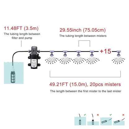 Mornajina Outdoor Misting Cooling System with Pump Kit, 49.2FT(15M) Misting Line with Filter, 20 Brass Mist Nozzles, 1 Brass Adapter (3/4"), 12V DC 60W 5L/Min, Self Priming Sprayer Water Pump
