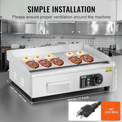 VEVOR Commercial Electric Griddle, 1600W Countertop Half-Flat Top Grill, 22in Stainless Steel Griddle Grill with 2 Shovels and 2 Brushes for Home or Restaurant, 122℉-572℉ Adjustable Temp