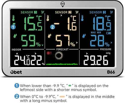 Weather Stations with 3 Sensors Indoor Outdoor Thermometer Wireless Large Display Adjustable Backlight with 500 feet Range Silver