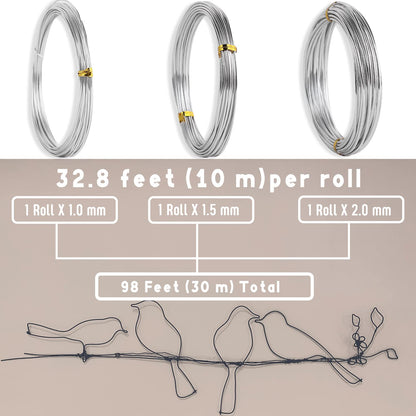 Sanlykate Bonsai Wire Tool Kit with Cutter, 3 Roll Tree Training Wires 98 Feet Total, 1.0mm, 1.5mm, 2.0mm Anodized Aluminum Wire Set, Hold Plant Branches Trunks - Silver