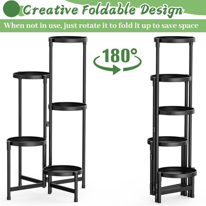 MOKANI Metal Plant Stand Indoor Outdoor for Multiple Plants, 5 Tiered Folding Corner Shelf Tall Flower Pot Holder Display Rack for Patio Living Room Balcony Garden, Black