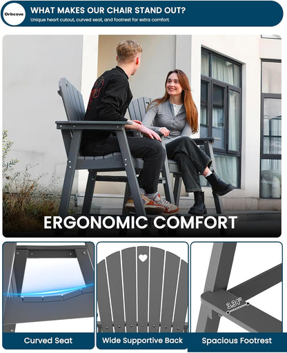 Tall Adirondack Chairs Set of 2-Durable HDPE Outdoor Bar Stools with Double Connecting Tray, Weatherproof Patio Furniture for Poolside, Backyard, Deck & Lawn Relaxation (Gery)