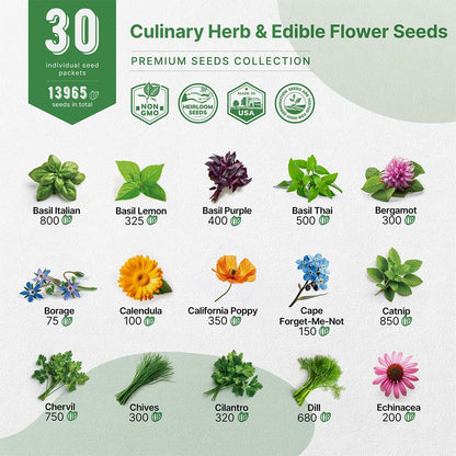 Organo Republic 30 Culinary Herbs & Edible Flower Seed Variety Pack- Indoor/Outdoor. 14000+ Non-GMO Heirloom Flower Seeds: Basil, Borage, Echinacea, Lavender, Oregano, Rosemary Seeds & More