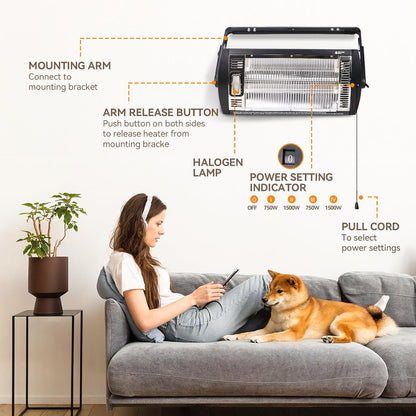 Electric Garage Heater 120V, 750/1500W Ceiling Mount Space Heater for Garage, Shop, Patio with 90° Adjustable Tilt, Dual Quartz Radiant, Safety Metal Grille and Overheat Protection, 1-Pack