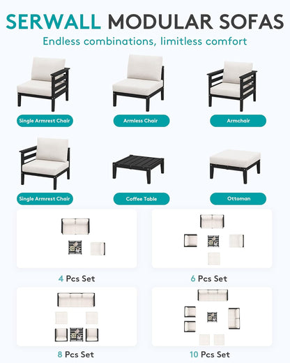 SERWALL HDPE Patio Furniture Set, 6 Pieces Outdoor Sectional Sofa Set, All-Weather Wood-Like Outdoor Sofa Couch with Coffee Table for Deck, Lawn, Black Frame with Khaki Cushion