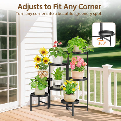 LASZOLA 7 Tiered Folding Plant Stand Indoor for Multiple Large Planter, Tall Heavy Duty Adjustable Rack with Rust Proof 10 Inch Wide Tray, Sturdy Vertical Tree Organizer for Narrow Inside Floor, Black