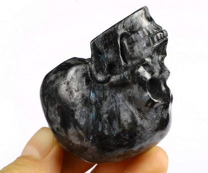 Skullis 2.0” Russian Arfvedsonite Crystal Skull, Hand Carved Gemstone Fine Art Sculpture, Reiki Healing Stone Statue.1
