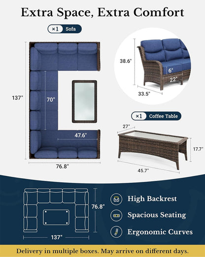 HILLGA Luxury Patio Furniture Set with 6-inch Thick Cushion, Outdoor Sectional Sofa and Coffee Table, 2PCS Wicker Conversation Set for Deck Yard and Poolside, Blue (V2)
