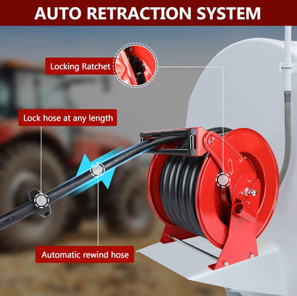 Fuel Hose Reel with Fueling Nozzle, 1" x 50FT Retractable Diesel Hose Reel, 300 PSI Industrial Heavy Duty Auto Swivel Rewind Hose Holder Reels, for Vehicle Tank Truck Trailer Ship