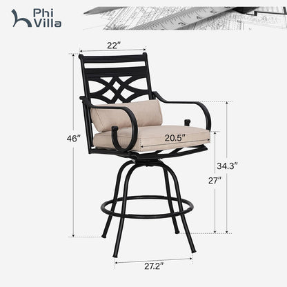 PHI VILLA Outdoor Swivel Bar Stools Set of 2，Patio Counter Height Bar Chairs with Back and Armrest，Metal,Black
