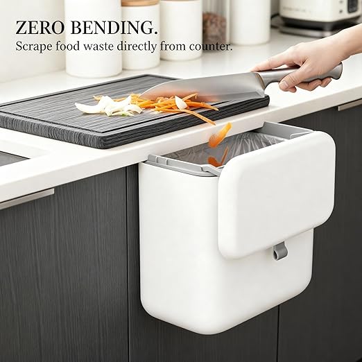 MUEE Hanging Compost Bin [2.3 Gal Max Volume] Heavy Duty Scrap Collector for 4-5 Person Households - Under Cabinet Large Trash Can with Slide Lid for RV & Heavy Prep - Matte White