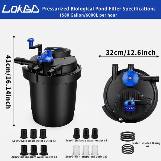 Pressure Biological Pond Filter,1580 GPH Pond Filter with 15W Light,6000L Bio Pressurized Pond Filter for Outdoor Pond Koi Fish Garden Pond Pool