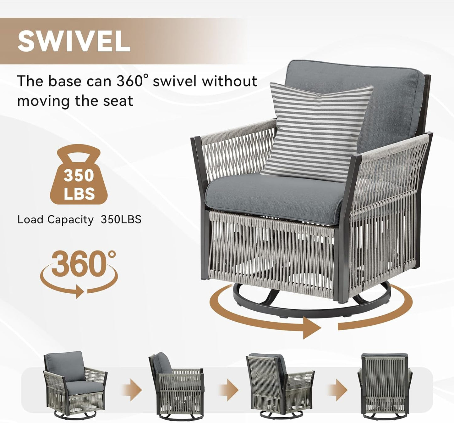 Patio Furniture Wicker Outdoor Conversation Set, 6-Piece All Weather Patio Furniture Rattan Rocking Sets w/Removable Cushions & Ottomans, Bistro Set for Backyard, Balcony, Deck, Dark Grey