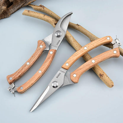 BUGUI 8” Wood Handle Garden Scissors, Set of 2, Includes Bypass Pruning Shears and Long Straight Tip Clippers, Premium Gardening Tools with Precision-Ground SK-5 Steel Blade