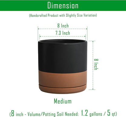 D'vine Dev 8 Inch Ceramic Planter Pot with Drainage Hole and Saucer, Indoor Cylinder Round Planter Pot, Black/Speckled Tan, 94-O-D-7