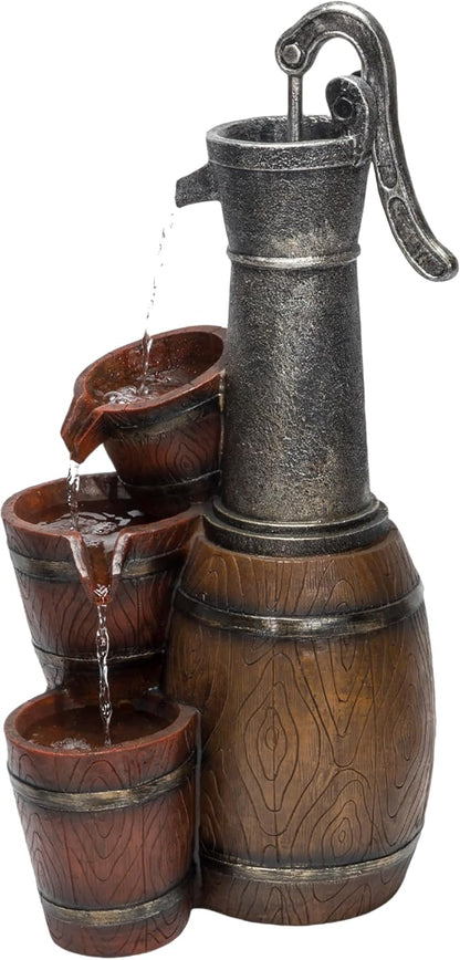 Alpine Corporation ZEN403S Indoor/Outdoor Floor Vintage Farmhouse Barrel Fountain, Rustic Waterfall for Garden, 24", Brown