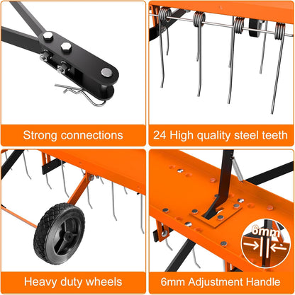 48inch Tow Behind Dethatcher with 24 Spring Steel Tines, Lawn Tractor Rakes with Lift Handle, Tow Behind Rake to Remove Thatch, Riding Lawn Mower Attachments for Outdoor Yard Tools Lawn Care