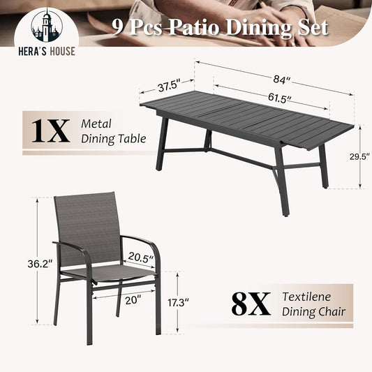 HERA'S HOUSE Extendable Patio Table and Chairs Set for 8, 9 Pieces Outdoor Dining Sets, 61"-84" Rectangular Metal Table with Chairs for Deck Lawn Garden Porch