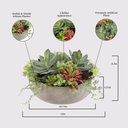 Round Faux Succulent Arrangement, 14" Premium Artificial Indoor Plant Enhances Interior Design, Display on Any Surface in Your Home Adding an Inviting Touch of Nature, Natural Planter Pot Included