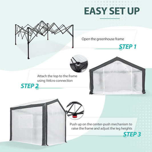 EAGLE PEAK 8x8 Portable Walk in Greenhouse with Polyester Reinforced Corners, Heavy Duty Instant Pop Up Indoor Outdoor Green House, Front Roll Up Zipper Entry Door and Mesh Windows, Gray/White