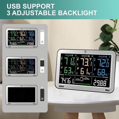 Weather Stations with 3 Sensors Indoor Outdoor Thermometer Wireless Large Display Adjustable Backlight with 500 feet Range Silver