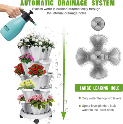 Vertical Strawberry Planter 5 Tier Stackable Tower Herb Planters-Stacking Garden Outdoor Planter Pot with Tools Mover for Succulents, Vegetables and Flowers