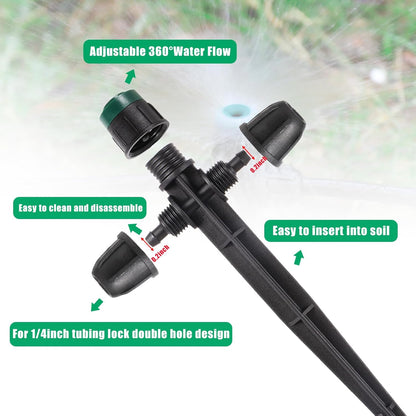 Anti-Drop Drip Irrigation Emitters Sprayer for 1/4" Irrigation Tubing,Double Hole Design Adjustable 360 Degree Sprayer on 6.5" Stake for Garden Irrigation Watering System (25pc-Green Sprayer)