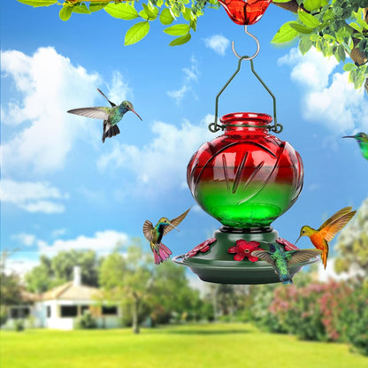 BOLITE Hummingbird Feeder, Glass Hummingbird Feeders for Outdoors Hanging, 22 Ounce, Five Feeding Ports with Perch, Peony Flower Shape, Red and Green, Gifts for Women Men, Gifts for Mom Dad